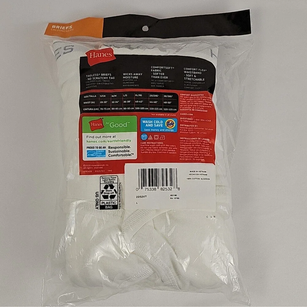 Hanes Men's Tagless Briefs Size L White 5 Pack ComfortFlex New in Package